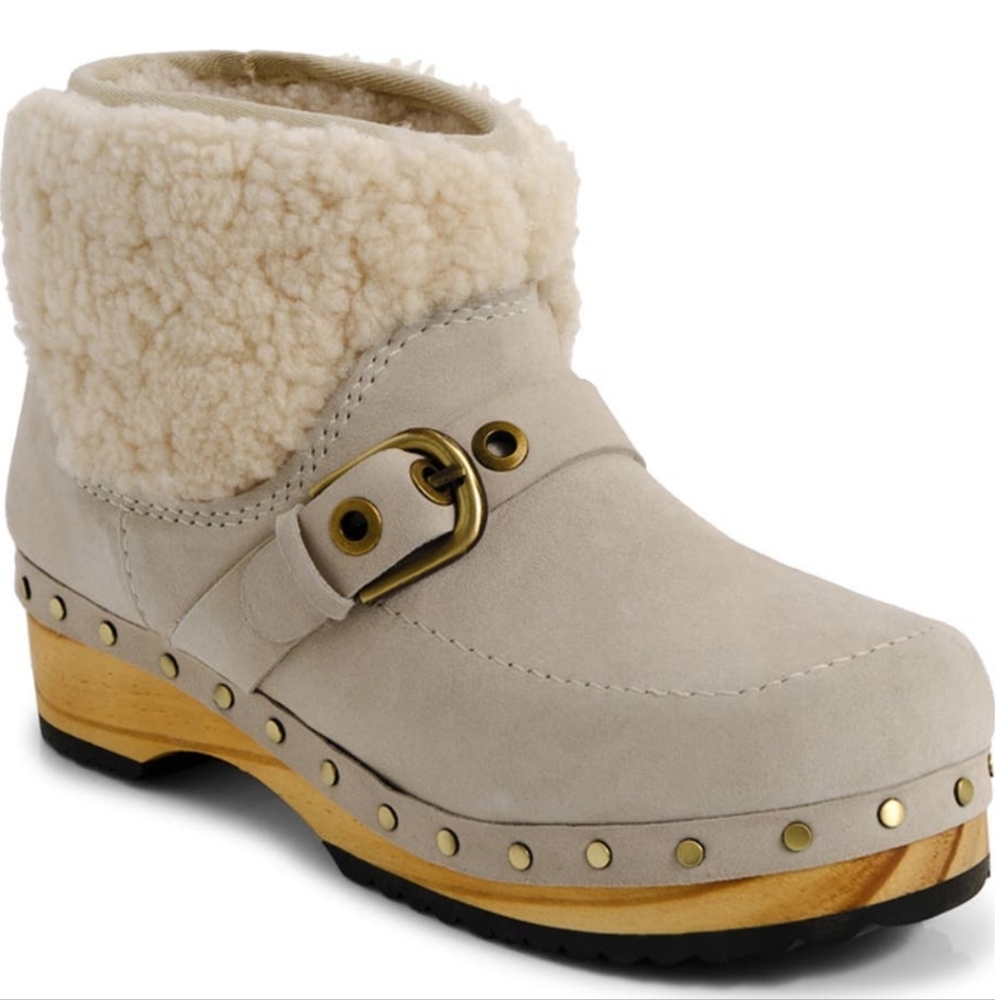 Free People Oak Genuine Shearling Clog Boot Suede Buckle Designer #64